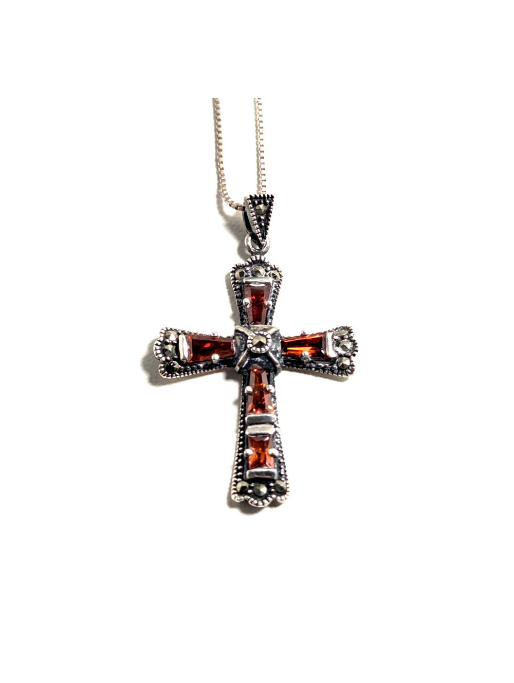 Sterling Silver 925 Orange Red Stone Holy Cross Pendant Box Chain Necklace 42cm